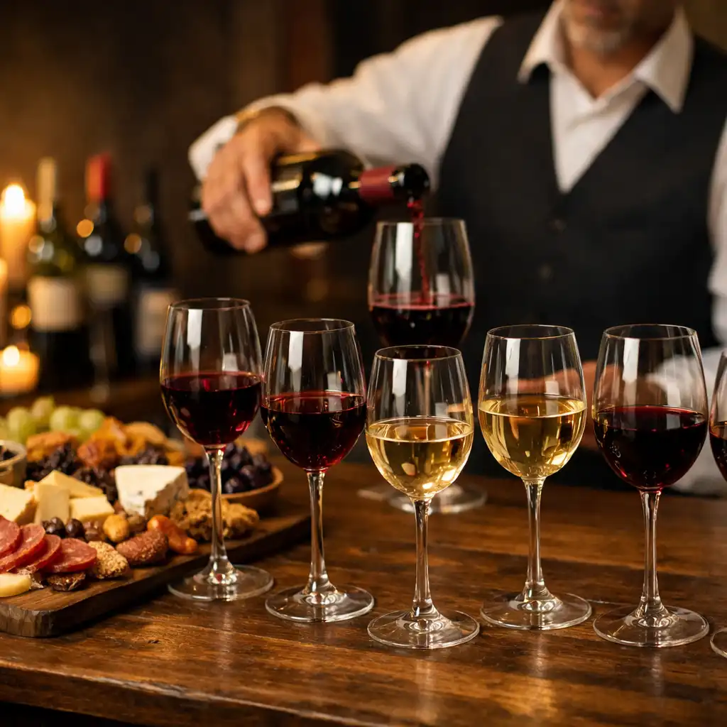 Degustační večer s vinařstvím: několik sklenic červeného a bílého vína, sýrové a uzeninové prkénko a sommelier nalévající víno v pozadí