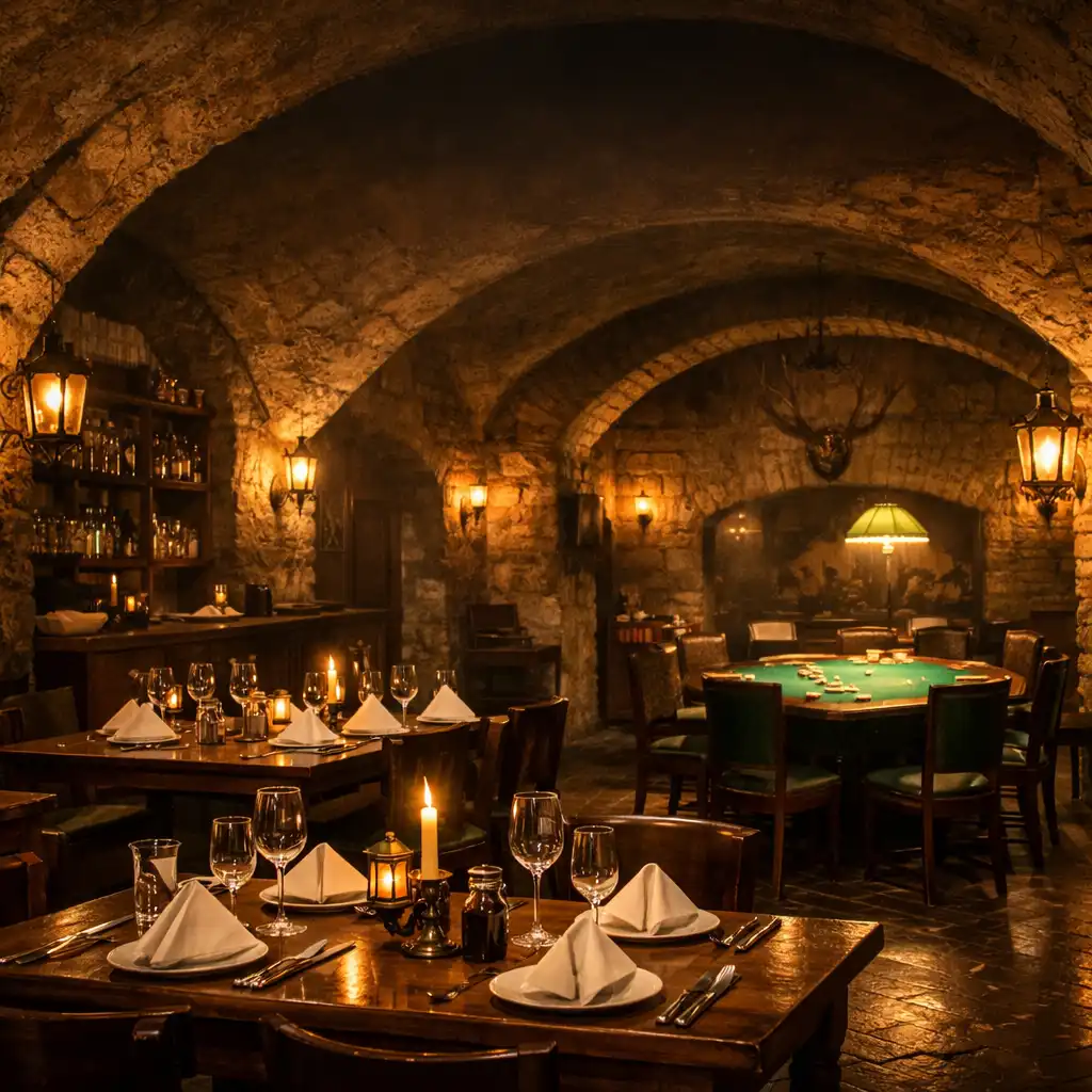Atmosférický interiér restaurace Dumdobrychchuti s kamennými zdmi a náznakem pokerového stolu