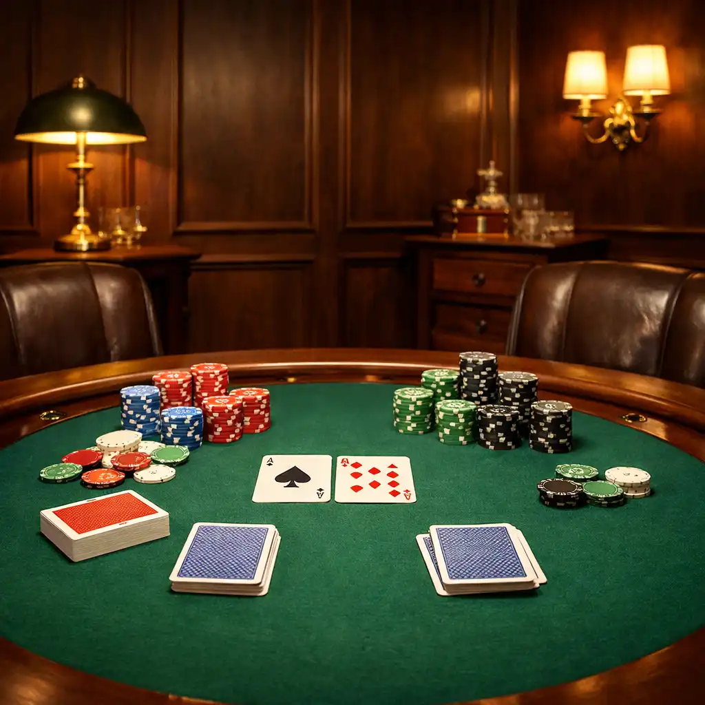 Pokerový salonek s profesionálním plstěným stolem, žetony a koženými židlemi