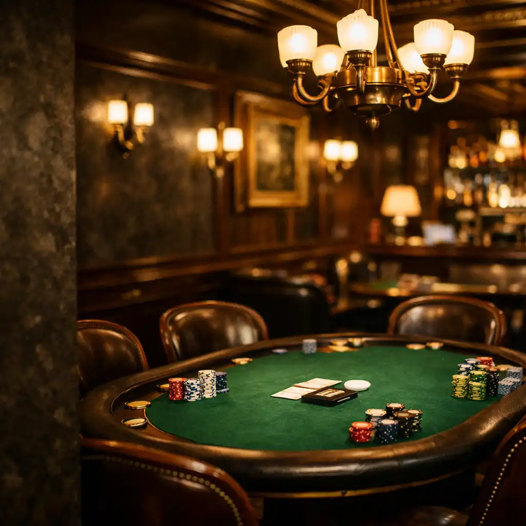 Atmosférický pohled do pokerového salonku s plstěným stolem a mosaznými doplňky
