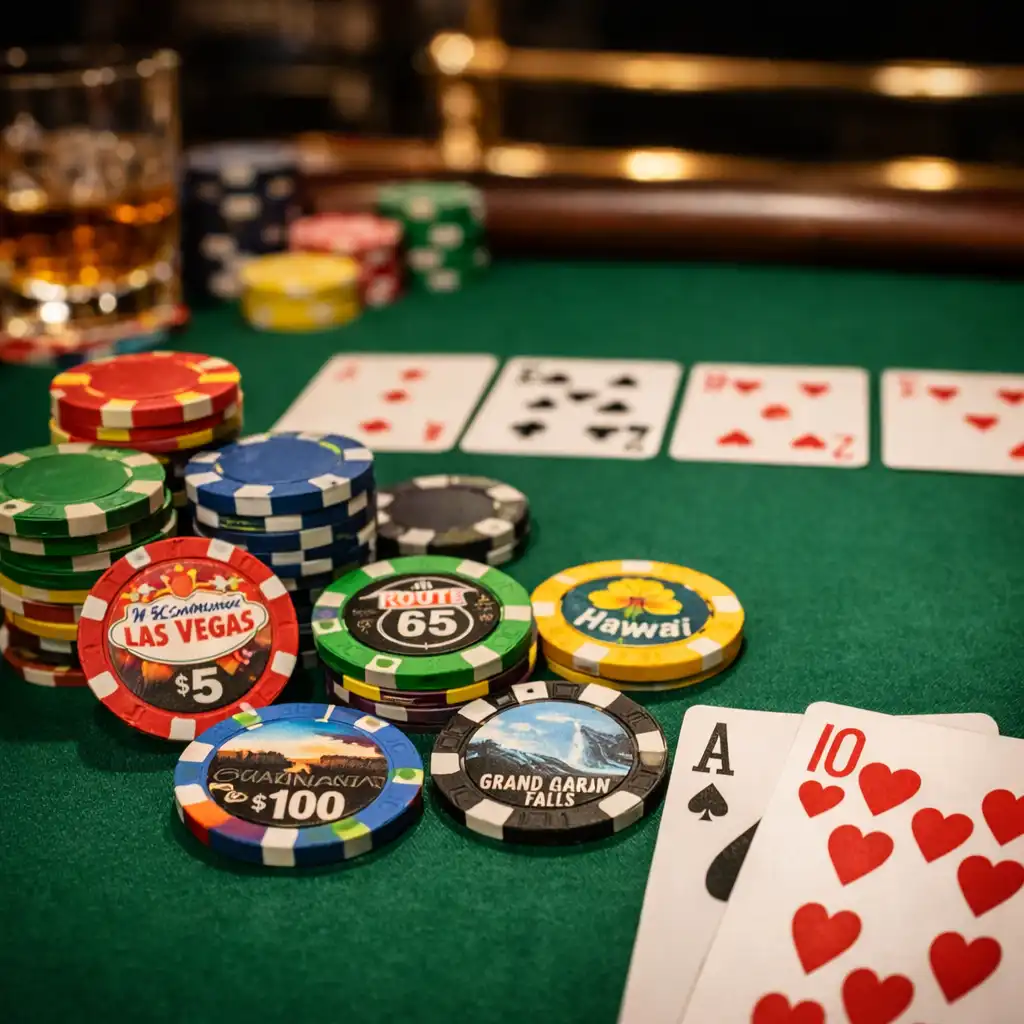 Pokerový stůl se zeleným plátnem, barevnými památečními žetony a kartami z pohledu hráče