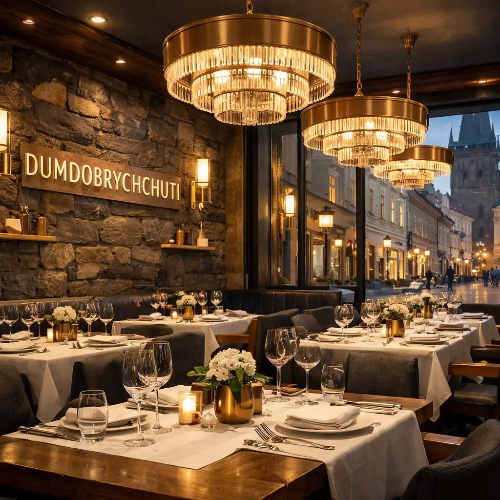 Interiér restaurace Dumdobrychchuti s prostřenými stoly a výhledem do historické ulice